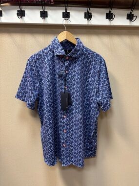 NWT Luciano Visconti Men's Short-Sleeve Button-Down Shirt in ROYAL, Rose Buttons